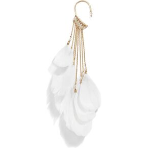 Tassel Elf Ear Cuff Single Left Handmade Non Piercing Earring for Women (White Feather Fringe)
