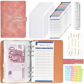 A6 Budget Binder with Zipper Envelopes, Vintage PU Leather Money Organizer for Cash, A6 6-Ring Money Saving Binder With Budget Sheets Letter Stickers for Cash Budgeting(Black)
