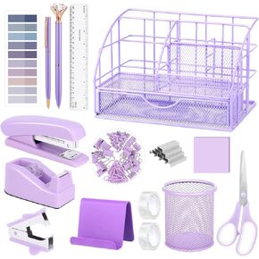 16 in 1 Purple Desk Organizers and Accessories, Purple Desk Organizer Purple Office Supplies for Women with Stapler,Tape Dispenser,Staples,Pen Holder,Staple Remover,Clip,Phone Holder,Tab,Tape,Pen
