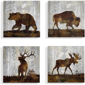 مجموعة Stupell Home Décor Collection باللونين الرمادي والبني، بألوان مائية مزخرفة وحيوانات الغابة ودب الجاموس والغزلان والموظ، لوحة فنية جدارية من القماش ممتدة، مقاس 17 × 17، متعددة الألوان