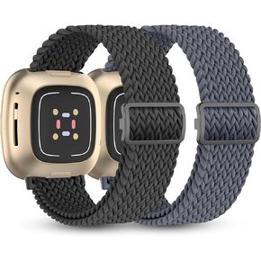 2 Pack Braided Elastic Nylon Bands Compatible with Fitbit Versa 3/Versa 4/Sense/Sense 2,Adjustable Comfortable Skin-friendly Replacement Wristband Nylon Woven Replacement Straps for Women Men