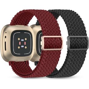 2 Pack Braided Elastic Nylon Bands Compatible with Fitbit Versa 3/Versa 4/Sense/Sense 2,Adjustable Comfortable Skin-friendly Replacement Wristband Nylon Woven Replacement Straps for Women Men