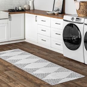 nuLOOM Romina Machine Washable Diamond Stripes Ultra Thin Runner Rug, 2' 6" x 10', White