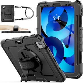 SEYMAC stock Case for iPad Air 5th/4th Generation/Pro 11 (4th/3rd/2nd) with Screen Protector Pen Holder, 360° Rotate Hand Strap/Stand Case for iPad Air 5th/4th Gen 10.9''/ Pro 11'' (Black)