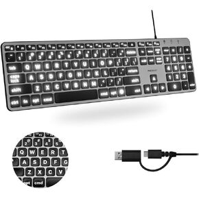 Macally Wired Keyboard for Mac (USB C + A) - Large Print and Backlit Apple Keyboard Wired - 107 Key Full Size Large Letters USB C Keyboard for MacBook Pro/Air, Mac Mini, iMac