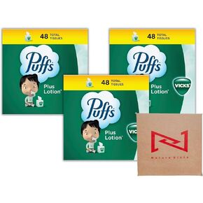 Puff_s Plus Lotion with Vick Facial Tissues 3 Cubes (48 Tissues per Box), Soft Lotion Tissue in Nature Vista Box.