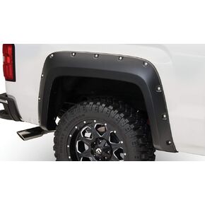 Bushwacker Pocket/Rivet Style Rear Fender Flares | 2-Piece Set, Black, Smooth Finish | 40122-02 | Fits 2014-2018 GMC Sierra 1500; 2015-2019 Sierra 2500 HD/3500 HD w/ 6.6' or 8.2' Bed (Excludes Dually)