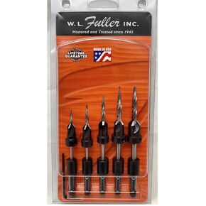 Set of 5 Countersinks with Hex Shank Taper Point Drills & 1 - Hex Key, by W. L. Fuller, for # 5, 6, 8, 10, & 12 Screws Made in The USA