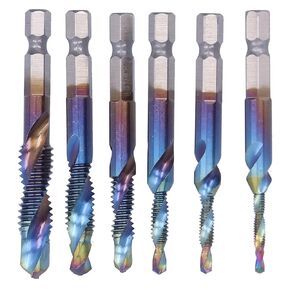 6Pcs/Set Imperial Blue Spiral Tap Drill Bit Kit，1/8-40, 5/32-32, 3/16-24, 1/4-20, 5/16-18, 3/8-16 Inch High Speed Steel Drilling Tapping Bits
