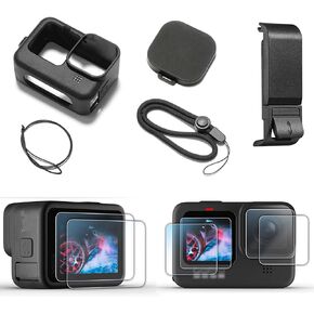 Black Silicone Protective Case for Go Pro Hero 12/Hero 11/Hero 10/Hero 9 Black,Battery Side Cover&Screen Protectors& Lens Caps&Lanyard for Go Pro Hero 12/11/10/9 Black Accessories Kit