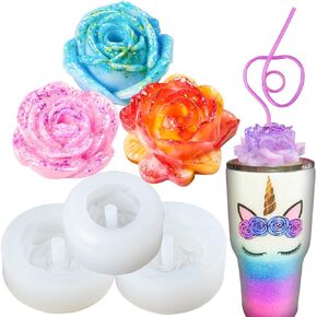 Rose Flower Straw Topper Epoxy Resin Silicone Molds 3-Count Large Diameter 2-2.6inch