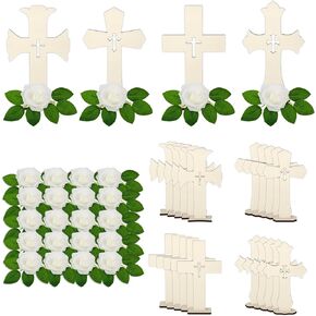 24 Pcs Baptism Centerpiece Decoration for Tables First Communion 12 Standing Wood Crosses for Craft 12 Metal Floral Hoop Centerpiece with Stand for Party Wedding Home Decor