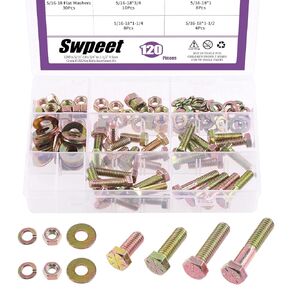 Swpeet 120Pcs 5/16"-18 x 3/4" to 1-1/2" 5 Sizes Grade 8 USS Nut Bolts Assortment Kit, Heavy Duty Bolt Nut and Washer Assortment Coarse Thread Hex Head Cap Screws Bolt Flat and Lock Washer