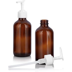 JUVITUS 8 oz Amber Boston Round Thick Glass Bottle with Black Lotion Pump (2 pack) + Label