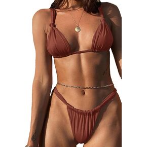 Rooscier Women's Retro Halter Triangle Top Push Up 2 Piece String Bikini Set Swimsuits