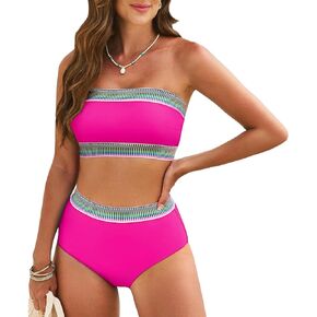 Pink Queen Tube Top Bikini Sets for Women Removable Strap Pad Color Block Two Piece Swimming Suit Swimwear