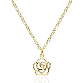 Dainty Simple Rose Flower Necklace for Women 14K Gold Plated Open Rose Outline Pendant Nature Jewelry Gifts for Girls Minimalist Trendy Necklace [RSN-G]