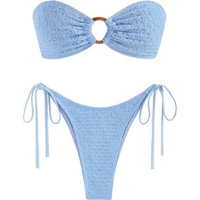ZAFUL Women's Bandeau Bikini Strapless O Ring Lace Tie Back High Cut Two Piece Swimsuit Bathing Suits