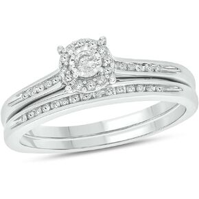 1/4cttw Diamond Halo Round Engagement Ring with Matching Diamond Wedding Band for Women in 925 Sterling Silver, Women's Silver Round Wedding Ring Set with Halo and Diamond Accented Bands