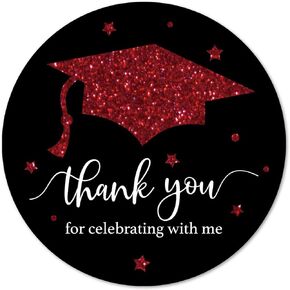 Red Black Graduation Thank You Stickers, Congrats Grad Party Favor Sticker Labels 40-Pack 2in