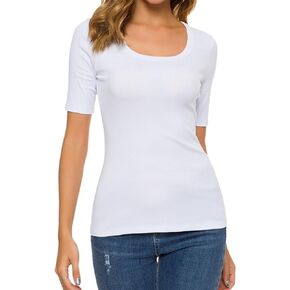 Womens Square U Neck Short Sleeve Basic Tee Tops Fitted Cotton T-Shirts for Summer Winter Layer