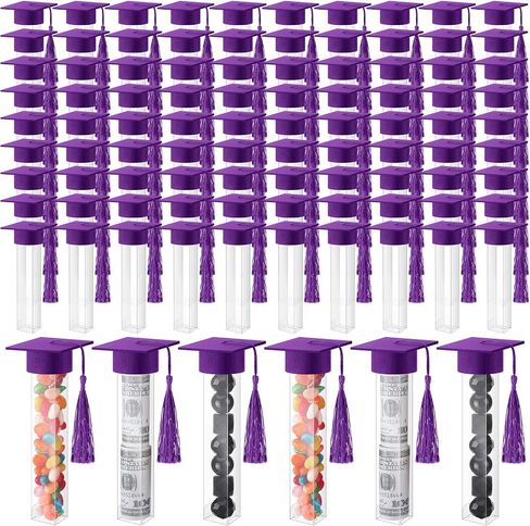 Leinuosen 100 Set 2024 Graduation Gumball Tubes Graduation Party Favors Include 100 Graduation Candy Container 100 Pcs Mini Graduation Caps with Gold Tassels Set for Grad Party Guest Supplies (Purple) in Saudi Arabia