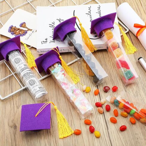 Leinuosen 100 Set 2024 Graduation Gumball Tubes Graduation Party Favors Include 100 Graduation Candy Container 100 Pcs Mini Graduation Caps with Gold Tassels Set for Grad Party Guest Supplies (Purple) in Saudi Arabia