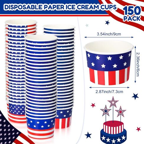 150 Pieces 4th of July Paper Ice Cream Cups Independence Day Party Supplies Disposable Ice Cream Bowls Paper Dessert Soup Bowls for Hot or Cold Food, Patriotic Theme Party Baby Shower Decoration, 8 oz in Saudi Arabia