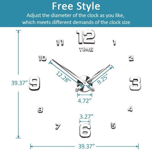 Mintime Modern بدون إطار DIY ساعة حائط كبيرة ثلاثية الأبعاد ساعة حائط أرقام مرآة لديكورات المكاتب المنزلية in Saudi Arabia