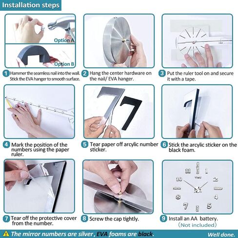 Mintime Modern بدون إطار DIY ساعة حائط كبيرة ثلاثية الأبعاد ساعة حائط أرقام مرآة لديكورات المكاتب المنزلية in Saudi Arabia