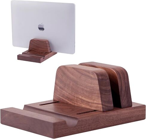 LOCDION Wooden Vertical Laptop Stand for Desk, Adjustable Laptop Holder Black Walnut Wood, Desktop Notebook Dock Space-Saving 2 in 1 for Tablets Or Cell Phones and All MacBook Pro Air, Mac, HP, Dell in Saudi Arabia