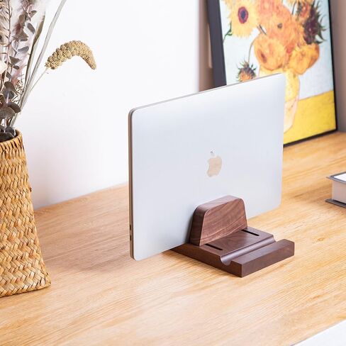 LOCDION Wooden Vertical Laptop Stand for Desk, Adjustable Laptop Holder Black Walnut Wood, Desktop Notebook Dock Space-Saving 2 in 1 for Tablets Or Cell Phones and All MacBook Pro Air, Mac, HP, Dell in Saudi Arabia