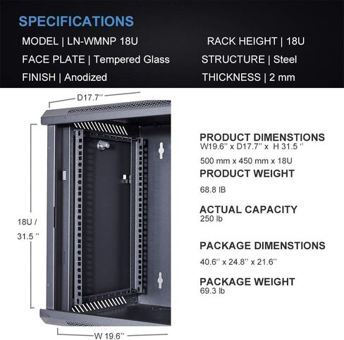 Kenuco جدار جبل رف خادم خزانة شبكة البيانات 19 بوصة رف شبكة الخادم مع قفل الباب الزجاجي 16 بوصة عميق (أسود 18U) in Kuwait