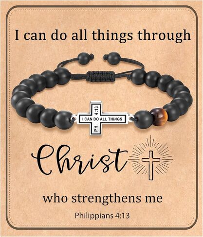 Jokkoi Christian Baptism Communion Bracelet for Teen, Cross Charm Natural Stone Bracelet for Teen, Fits 6-9 Inch Wrists, Cross Charm Jewelry Gift with Gift Pouch for Teen in Saudi Arabia