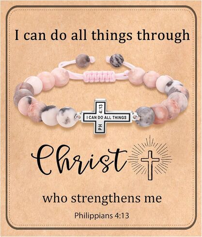 Jokkoi Christian Baptism Communion Bracelet for Teen, Cross Charm Natural Stone Bracelet for Teen, Fits 6-9 Inch Wrists, Cross Charm Jewelry Gift with Gift Pouch for Teen in Saudi Arabia