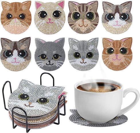 JTZHJIA Cat Diamond Painting Coaster Kits 8 Pieces, DIY Diamond Art Coaster Set with Holder, Diamond Art Coasters for Beginners Adults and Kids Art Craft Supplies in Saudi Arabia