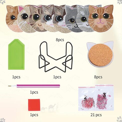 JTZHJIA Cat Diamond Painting Coaster Kits 8 Pieces, DIY Diamond Art Coaster Set with Holder, Diamond Art Coasters for Beginners Adults and Kids Art Craft Supplies in Saudi Arabia