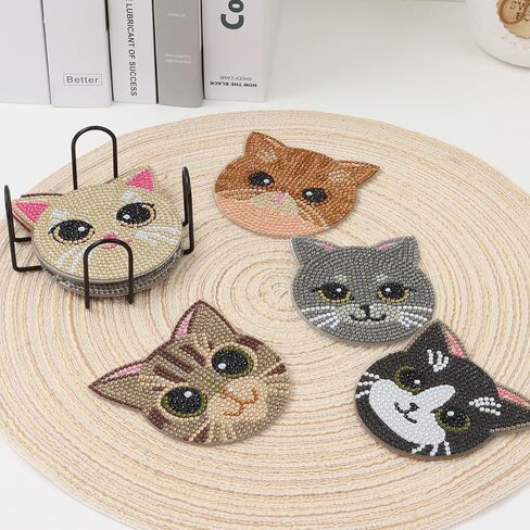 JTZHJIA Cat Diamond Painting Coaster Kits 8 Pieces, DIY Diamond Art Coaster Set with Holder, Diamond Art Coasters for Beginners Adults and Kids Art Craft Supplies in Saudi Arabia