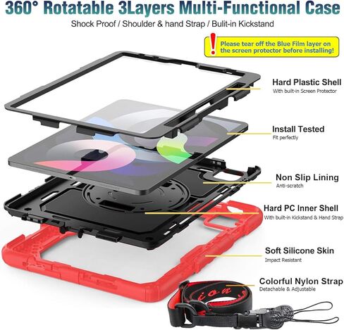 SEYMAC stock Case for iPad Air 5th/4th Generation/Pro 11 (4th/3rd/2nd) with Screen Protector Pen Holder, 360° Rotate Hand Strap/Stand Case for iPad Air 5th/4th Gen 10.9''/ Pro 11'' (Black) in Kuwait