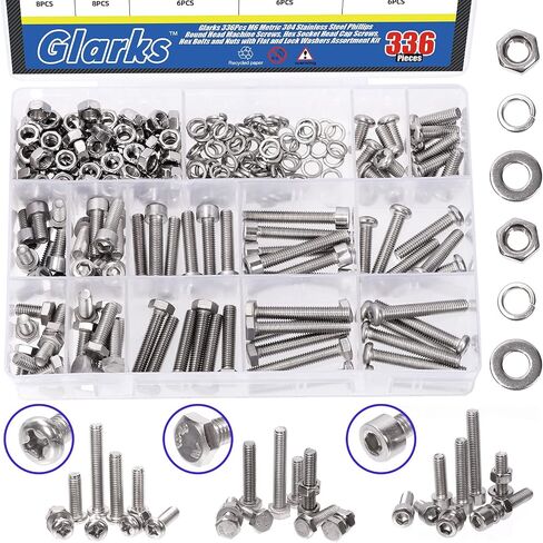 Glarks 336Pcs M6 Metric 304 Stainless Steel Phillips Round Head Machine Screws, Hex Socket Head Cap Screws, Hex Head Screw Bolts and Hex Nuts with Flat Washers Lock Washers Assortment Kit in Saudi Arabia