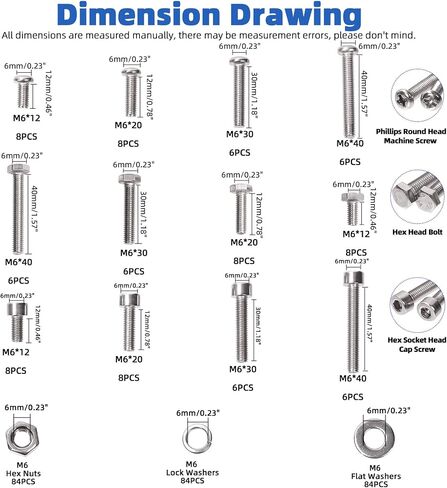 Glarks 336Pcs M6 Metric 304 Stainless Steel Phillips Round Head Machine Screws, Hex Socket Head Cap Screws, Hex Head Screw Bolts and Hex Nuts with Flat Washers Lock Washers Assortment Kit in Saudi Arabia