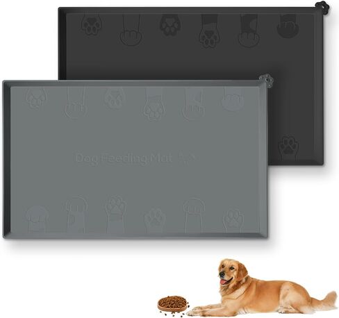 2 Pack Upgraded Silicone Dog Food Mats, Waterproof Pet Feeding Mat Holder Cover for Dogs with Extra Tall Raised Edges- Black Gray/Senior Gray in Saudi Arabia