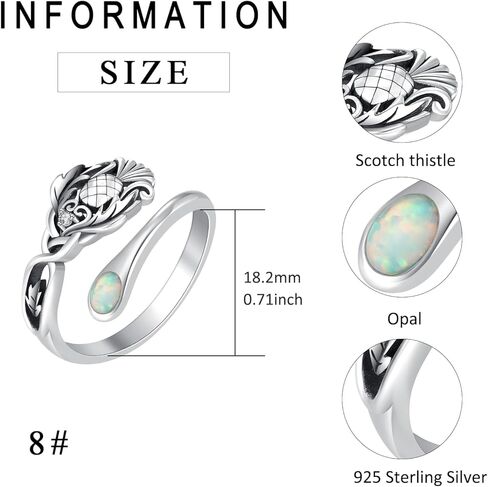 ECHOOY خاتم الشوك الاسكتلندي 925 الفضة الاسترليني حلقة ملعقة الشوك الاسكتلندي مع حلقة مفتوحة أوبال حلقة إبهام قابلة للتعديل هدية مجوهرات الشوك الاسكتلندي للنساء والرجال مقاس 8 in Kuwait