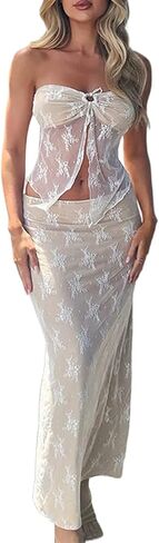 Zempertoopa Women 2 Piece Skirt Sets Y2k See Through Strapless Tube Top Lace Mesh Bodycon Maxi Skirt Going Out Summer Outfits in Saudi Arabia