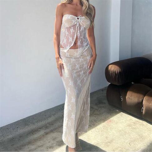 Zempertoopa Women 2 Piece Skirt Sets Y2k See Through Strapless Tube Top Lace Mesh Bodycon Maxi Skirt Going Out Summer Outfits in Saudi Arabia