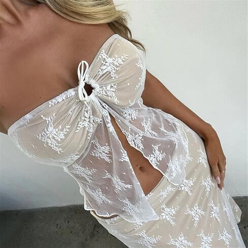 Zempertoopa Women 2 Piece Skirt Sets Y2k See Through Strapless Tube Top Lace Mesh Bodycon Maxi Skirt Going Out Summer Outfits in Saudi Arabia