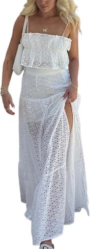 Zempertoopa Women 2 Piece Skirt Sets Y2k See Through Strapless Tube Top Lace Mesh Bodycon Maxi Skirt Going Out Summer Outfits in Saudi Arabia