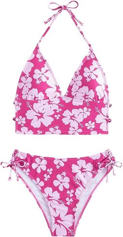 Floerns Women's 2 Piece Floral Print Halter Tie Back Crop Top and Bottoms Bikini Set in Saudi Arabia