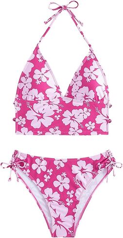 Floerns Women's 2 Piece Floral Print Halter Tie Back Crop Top and Bottoms Bikini Set in Saudi Arabia
