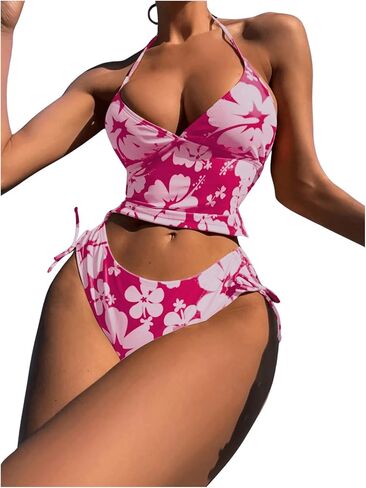 Floerns Women's 2 Piece Floral Print Halter Tie Back Crop Top and Bottoms Bikini Set in Saudi Arabia